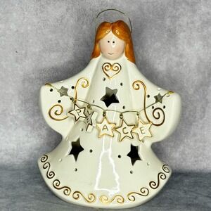 Tealight Candle Holder Porcelain White and Gold Angel with PEACE Charms
